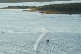 A sailboat glides across calm waters, leaving ripples behind, surrounded by lush greenery and distant land under a clear sky.