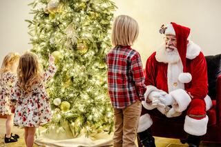 Two young children engage with Santa Claus near a beautifully decorated Christmas tree, creating a magical holiday moment.