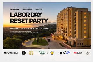 A vibrant Labor Day Reset Party at a hotel, featuring wellness activities, pickleball, and poolside relaxation on September 5th.