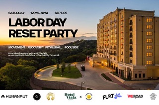 A vibrant Labor Day Reset Party at a hotel, featuring wellness activities, pickleball, and poolside relaxation on September 5th.