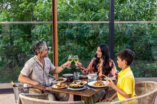 Three people enjoy a cheerful dinner together, toasting with drinks, surrounded by lush greenery through large windows.