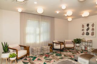 A stylish, serene room features light furnishings, a colorful patterned rug, plants, and soft lighting, creating a calming atmosphere.