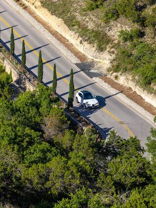 A white car drives along a winding road surrounded by lush greenery and tall cypress trees, highlighting a scenic landscape.