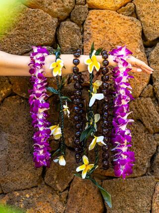 A hand displays vibrant floral leis—purple orchids and yellow plumeria—against a textured stone wall, showcasing tropical beauty.