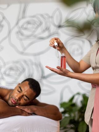 A man relaxes on a spa table while a woman holds a dropper filled with oil, suggesting a calming treatment in a serene setting.