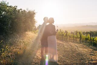 A couple stands closely together, sipping drinks, bathed in warm sunlight amidst vineyard rows, evoking a romantic and serene atmosphere.