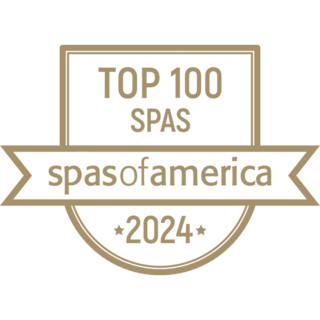 A gold emblem featuring "TOP 100 SPAS" and "spasofamerica" with the year "2024" prominently displayed.