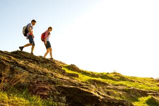 Two hikers descend a rocky path on a sunny day, surrounded by lush greenery and bright skies, showcasing a sense of adventure and exploration.