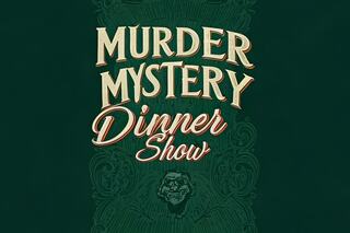 A vibrant design featuring the text "Murder Mystery Dinner Show" in an artistic font, set against a dark, ornate background.