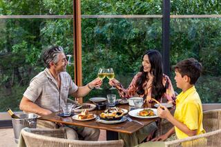 A cheerful family shares a meal outdoors, toasting with glasses, surrounded by delicious food and lush greenery.