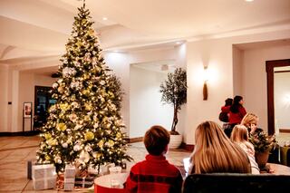 A beautifully decorated Christmas tree glows in a cozy space, while families gather, enjoying the festive atmosphere and each other's company.