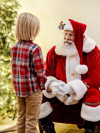 A young child in a plaid shirt speaks to Santa Claus, who is dressed in a red suit, seated near a decorated Christmas tree.