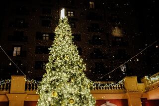 A beautifully lit Christmas tree sparkles with golden ornaments, surrounded by festive decorations as snow gently falls in a charming nighttime scene.