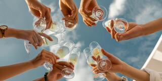 Hands raising champagne glasses in a toast against a bright sky, celebrating a joyous occasion with camaraderie and happiness.