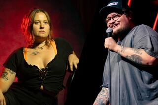 A confident woman poses with tattoos against a dramatic backdrop, while a smiling man in glasses entertains an audience on stage.