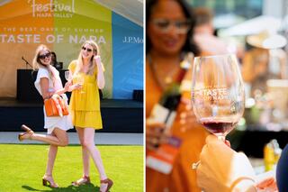 Two women enjoy a vibrant outdoor festival, holding glasses of wine, while a close-up shows a branded wine glass at the event.