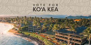 A scenic coastal resort with palm trees, beachfront views, and mountains in the background, promoting the vote for Ko'a Kea.