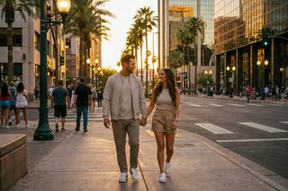 A couple strolls hand in hand down a lively city street at sunset, surrounded by palm trees and bustling pedestrians.