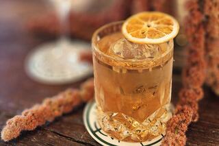 A stylish cocktail in a textured glass, garnished with a dried orange slice, sits on a decorative coaster surrounded by soft flora.