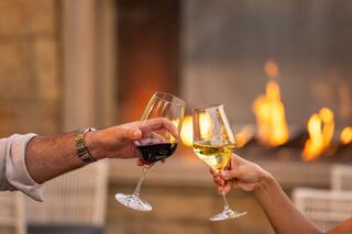 Two hands clink glasses of red and white wine, with a warm fire glowing in the background, creating a cozy and celebratory atmosphere.