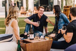 A cheerful group enjoys a picnic on the grass, sharing drinks and laughter, surrounded by a relaxed outdoor setting.