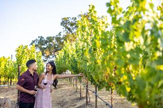 A couple enjoys a sunny day in a vineyard, surrounded by lush green grapevines, sharing a moment together.