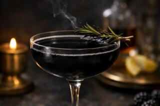 A dramatic black cocktail garnished with rosemary, exuding a mysterious smoky essence, set against warm candlelight and soft shadows.
